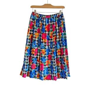 Andrea Gayle Vintage Floral Houndstooth Pleated Midi Skirt, Lightweight, Size S